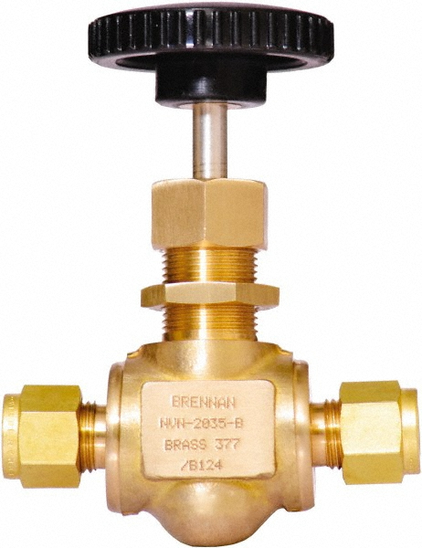 Brennan Needle Valve: Straight, 3/8" Pipe, Brass Body, Polytetrafluoroethylene Seal - NVN-2035-B