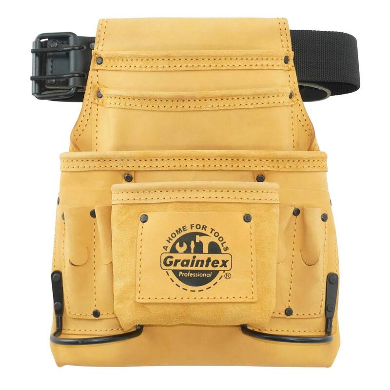 Graintex 10-Pocket Yellow Top Grain Leather Nail and Tool Pouch with 2 in. Leather/Webbing Belt - ST2618
