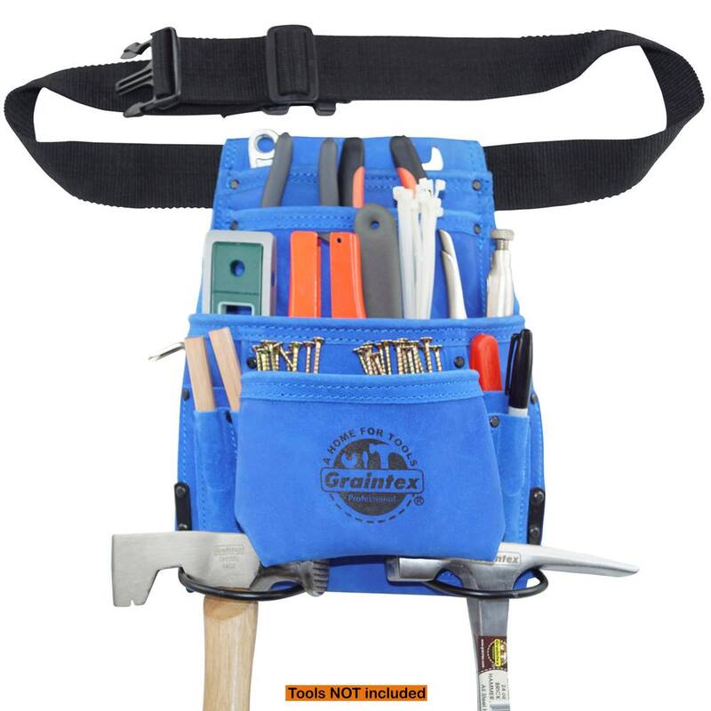 Graintex 10-Pocket Suede Leather Nail and Tool Pouch with Belt in Blue - SS2132