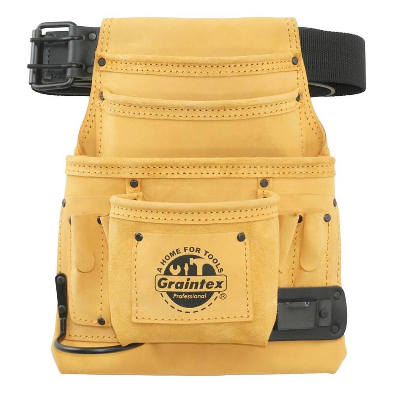 Graintex 10-Pocket Yellow Top Grain Leather Nail and Tool Pouch with 2 in. Leather/Webbing Belt - ST2638