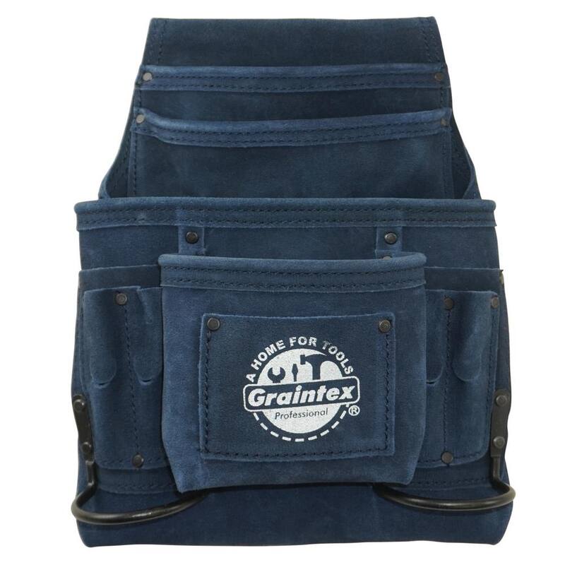 Graintex 10-Pocket Navy Blue Suede Leather Nail and Tool Pouch w/2 Hammer Holders - SS2507