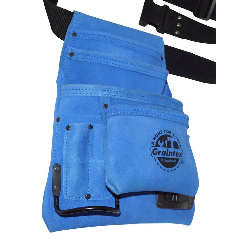 Graintex 10-Pocket Suede Leather Nail and Tool Pouch with Belt in Blue - SS2138