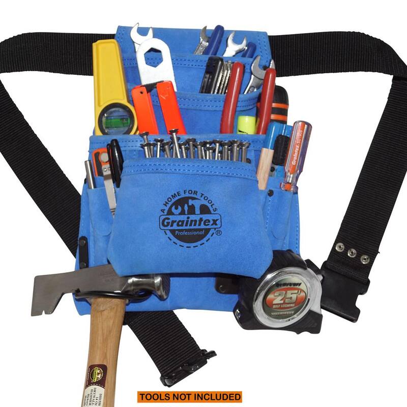 Graintex 10-Pocket Suede Leather Nail and Tool Pouch with Belt in Blue - SS2138