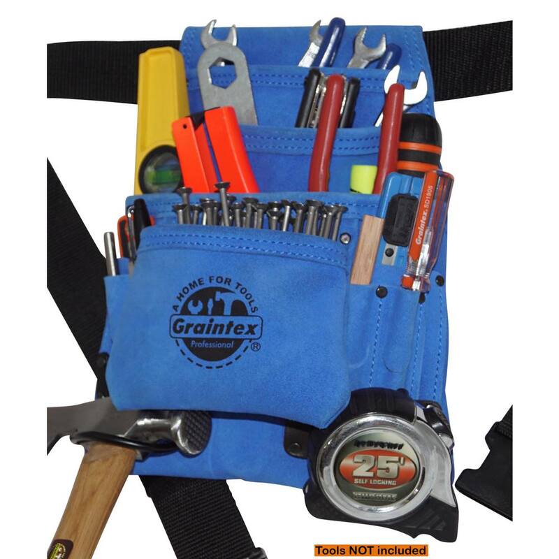 Graintex 10-Pocket Suede Leather Nail and Tool Pouch with Belt in Blue - SS2138