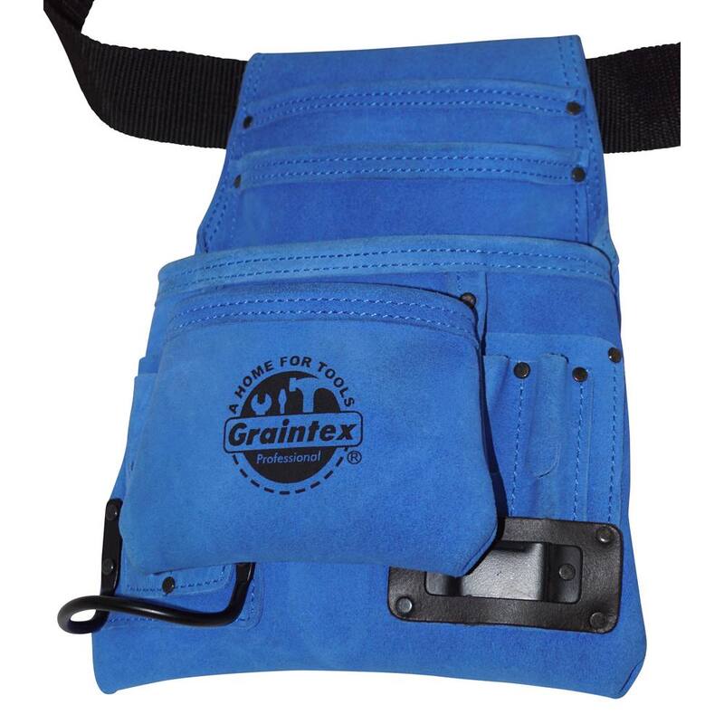 Graintex 10-Pocket Suede Leather Nail and Tool Pouch with Belt in Blue - SS2138