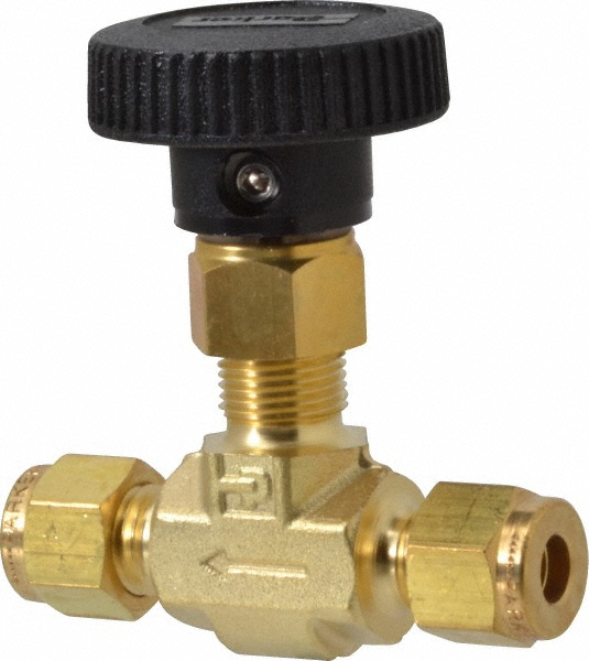 Parker Needle Valve: Round Handle, Straight, 1/4" Pipe, Compression x Compression End, Brass Body, Polytetrafluoroethylene Seal - 4Z-V4LN-B