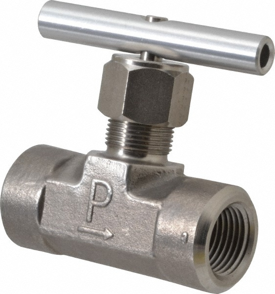 Parker Needle Valve: Round Handle, Straight, 1/4" Pipe, Compression x Compression End, Brass Body, Polytetrafluoroethylene Seal - 4Z-V4LN-B