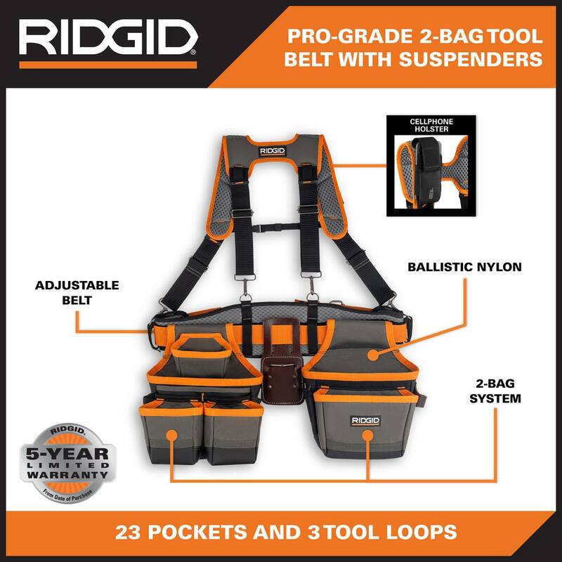 RIDGID 29 in. 23 Pocket Professional Grade 2-Bag Suspension Rig Work Tool Belt with Suspenders - RD57100-TH