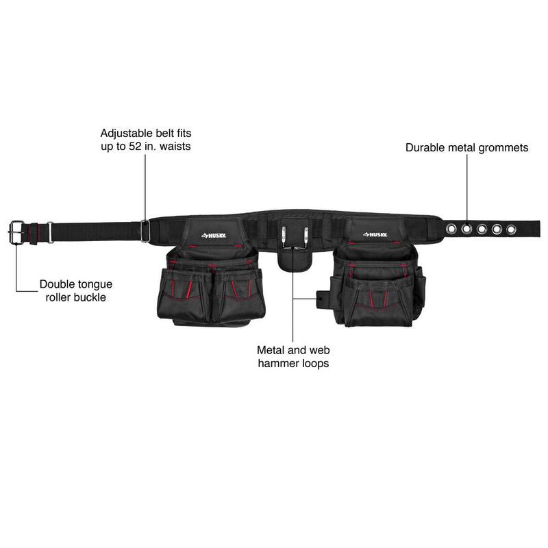 Husky 2-Bag 10-Pocket Contractor's Work Tool Belt Tool Storage in Black - HD858759-TH