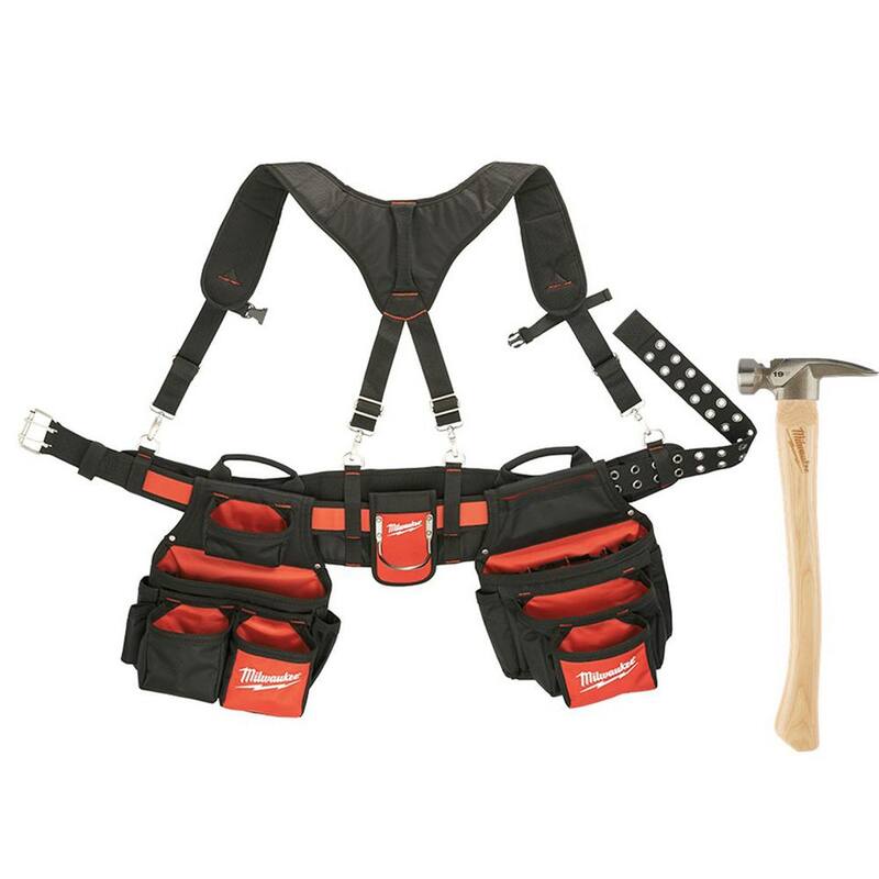 Milwaukee General Contractor Work Waist Tool Belt with Suspension Rig and 19 oz. Milled Face Hickory Hammer - 48-22-8120-48-22-9419