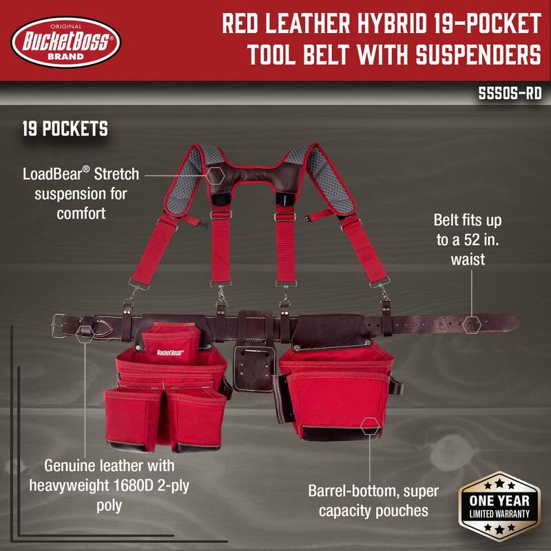 BUCKET BOSS 2-Bag Hybrid Suspension Rig Work Tool Belt with Suspenders in Red - 55505-RD