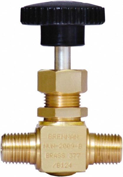 Brennan Needle Valve: Straight, 1/4" Pipe, NPT End, Brass Body, Polytetrafluoroethylene Seal - NVN-2009-B