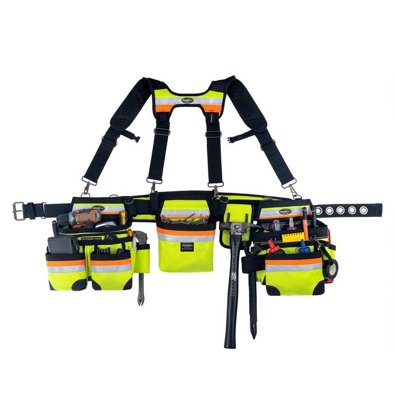 BUCKET BOSS Hi-Visibility 3-Bag Framer's Tool Belt with Suspenders Suspension Rig with 29-Pockets - 55185-HVOY