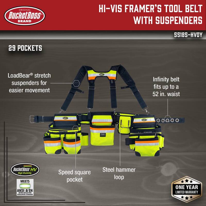 BUCKET BOSS Hi-Visibility 3-Bag Framer's Tool Belt with Suspenders Suspension Rig with 29-Pockets - 55185-HVOY