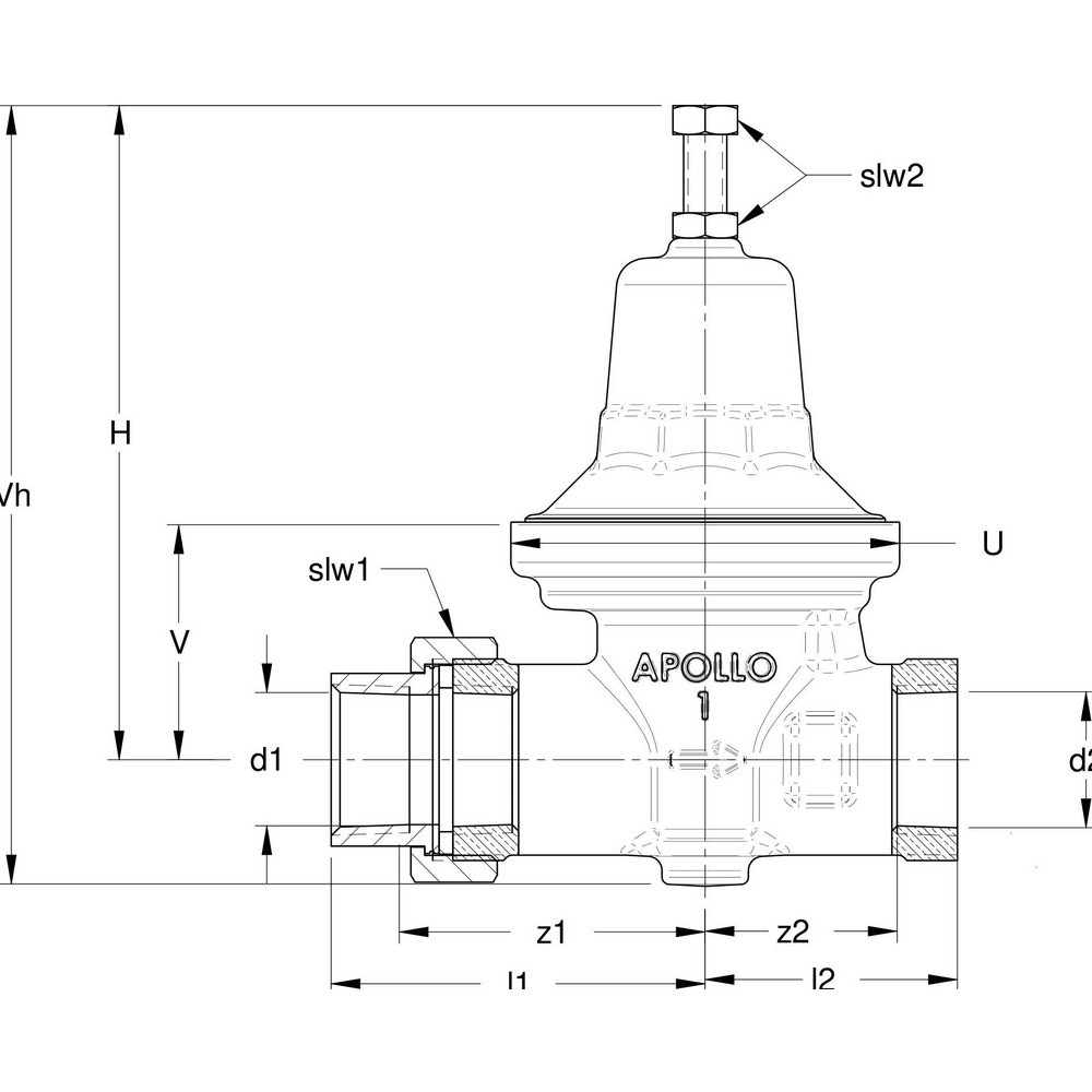 Apollo® Pressure Reducing Valves; Type: Standard Water Pressure Reducing Valve; Maximum Pressure (psi): 300.00; Thread Size: 2; Connection Type: Single Union NPT x FNPT; Width (Inch): 9.875; Reduced Pressure Range: 25 to 75; Maximum Working Pressure (psi): 300.000; Special Item Information: Direct Acting - 3610801