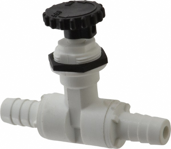 Specialty Mfr Needle Valve: Straight, 1/2" Pipe, Barbed x Barbed End, Polypropylene Body, Polytetrafluoroethylene Seal - 7032590