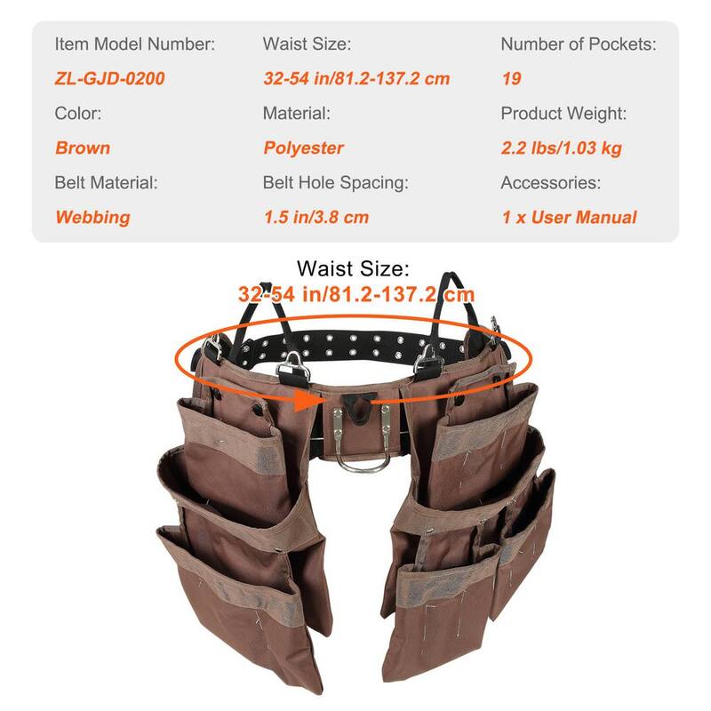 SKYSHALO 19 Pockets ool Belt, Adjusts from 32 in. to 54 in. Polyester Heavy Duty Tool Pouch Bag, Detachable Tool Bag - SJSGJYDSZSDL2845WV0-0708