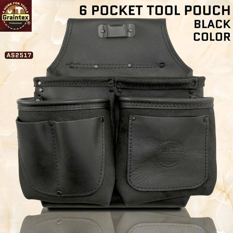 Graintex 6-Pocket Ambassador Series Black Top Grain Leather Nail and Tool Pouch - AS2517