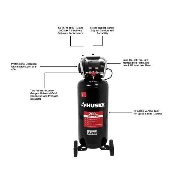 Husky 20 Gal. 200 PSI Oil Free Portable Vertical Electric Air Compressor - C202H