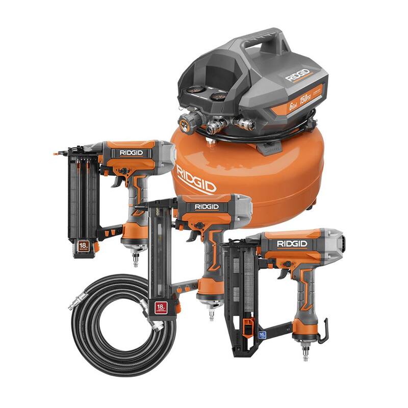RIDGID 6 Gal. Portable Electric Pancake Air Compressor w/ 18GA Brad Nailer, 16GA Straight Finish Nailer, & 18GA Finish Stapler - R69603FK