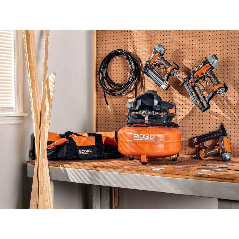 RIDGID 6 Gal. Portable Electric Pancake Air Compressor w/ 18GA Brad Nailer, 16GA Straight Finish Nailer, & 18GA Finish Stapler - R69603FK