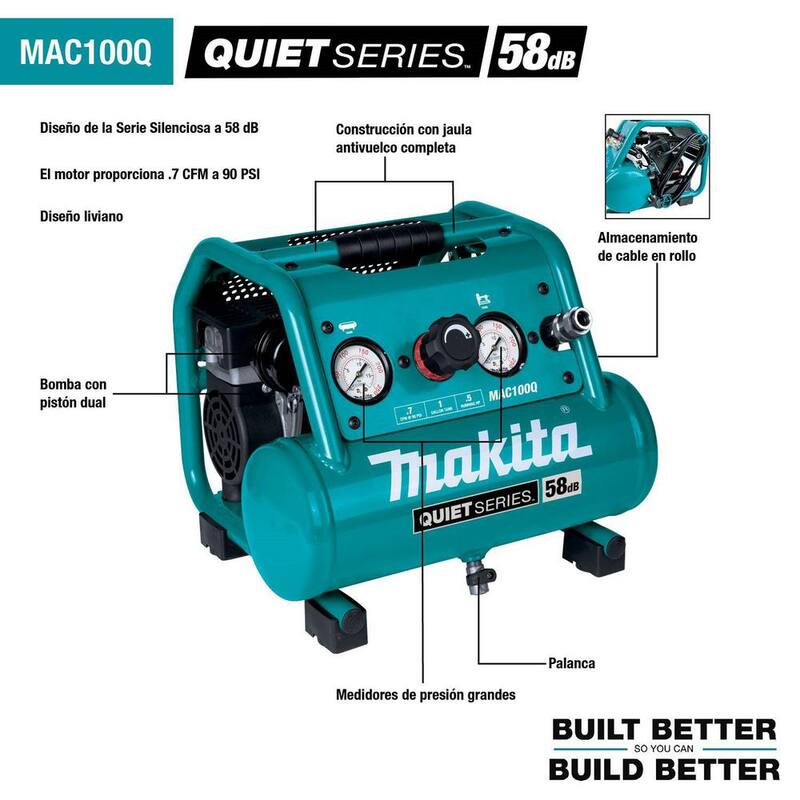 Makita Quiet Series 1/2 HP, 1 Gal. Compact, Oil-Free, Electric Air Compressor, and 18-Gauge Brad Nailer Combo Kit - MAC100QK1