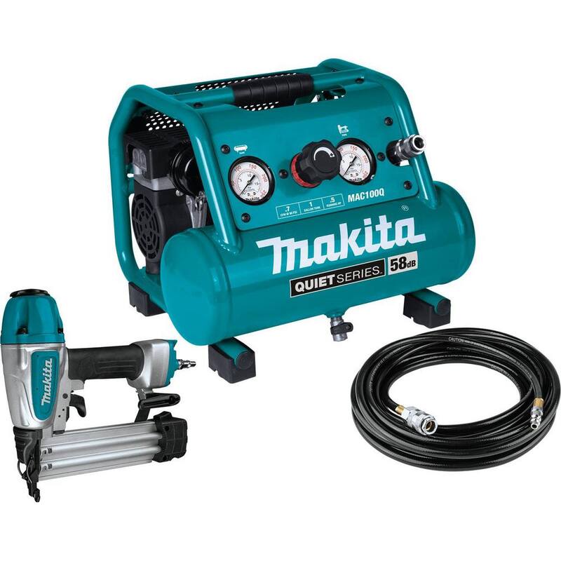 Makita Quiet Series 1/2 HP, 1 Gal. Compact, Oil-Free, Electric Air Compressor, and 18-Gauge Brad Nailer Combo Kit - MAC100QK1