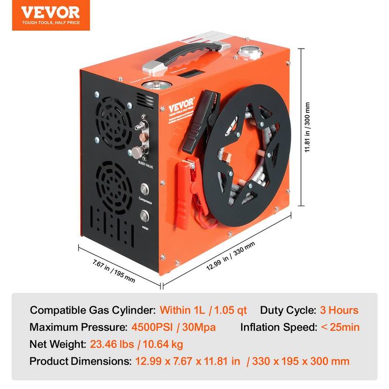 VEVOR 0.26 Gal. Portable Gas PCP Air Compressor 4500 PSI/30 Mpa Auto-Stop with Built-in Water Fan Cooling for Air Rifle Airgun - QQGYCQJ350WFB61NXV1