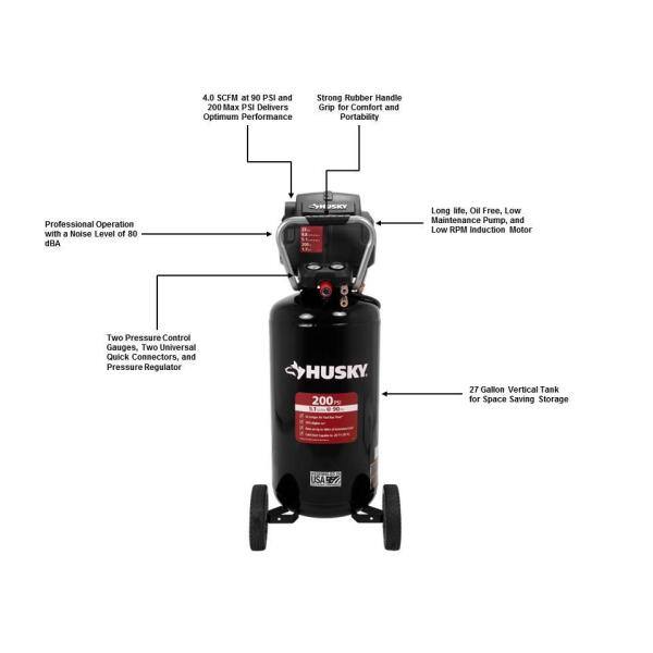Husky 27 Gal. 200 PSI Oil Free Portable Vertical Electric Air Compressor - C271H