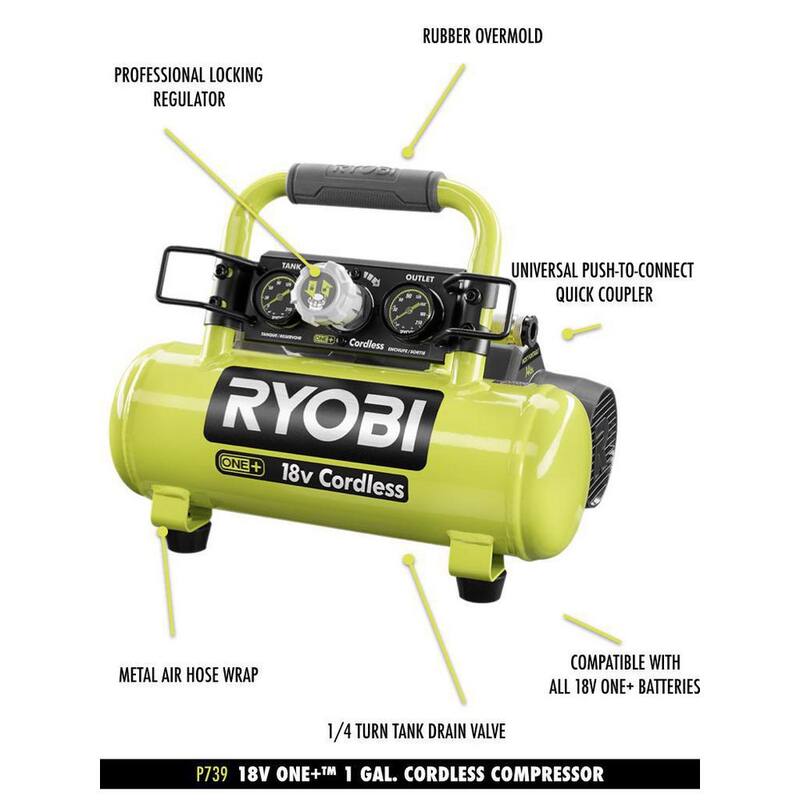 RYOBI ONE+ 1 Gal. 120 PSI Portable 18V Horizontal Air Compressor ( 0.5 CFM at 90 PSI ) - P739
