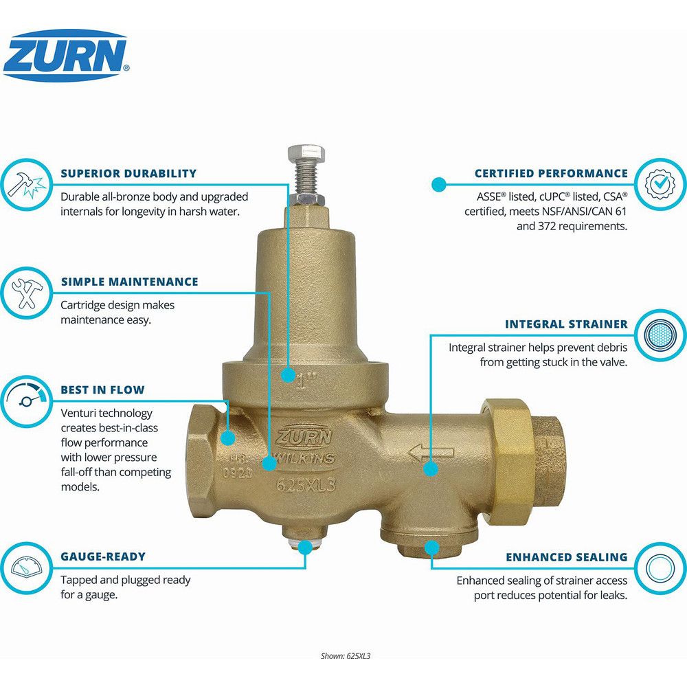 Zurn Pressure Reducing Valves: Pipe Size: 1; End Connection: FNPT x FNPT; Body Material: Bronze - 1-625XL3HR