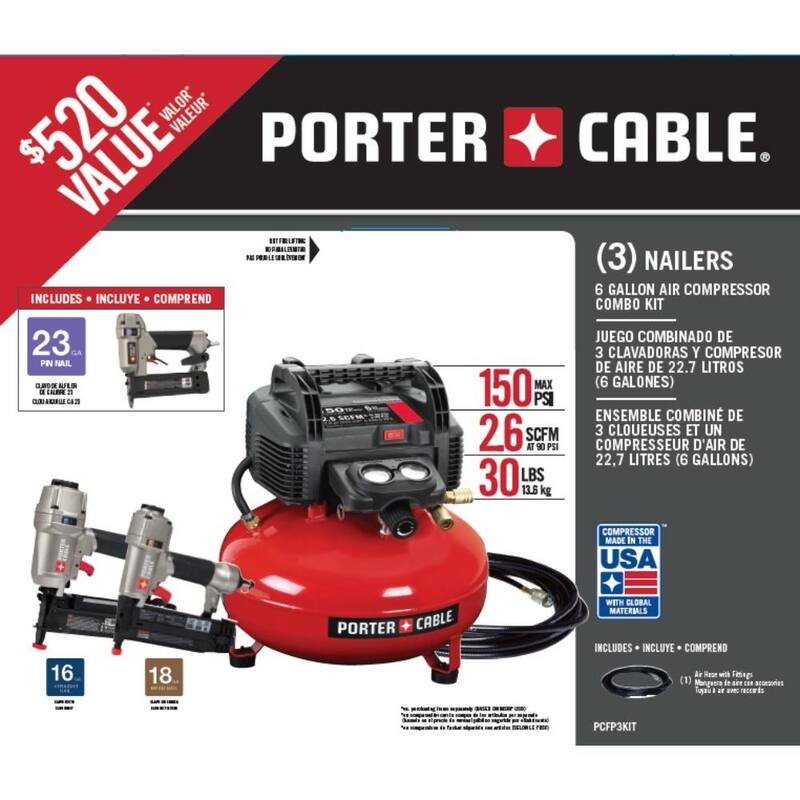 Porter-Cable 6 Gal. Portable Electric Air Compressor with 16-Gauge, 18-Gauge and 23-Gauge Nailer 3 Tool Combo Kit - PCFP3KIT