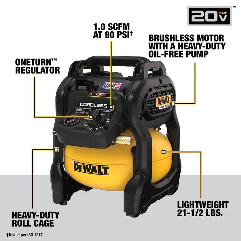 DEWALT 2.5 Gal. 140 psi Portable 20V Cordless Air Compressor Kit with FLEXVOLT Advantage, 6.0Ah FLEXVOLT Battery, and Charger - DCC2520T1