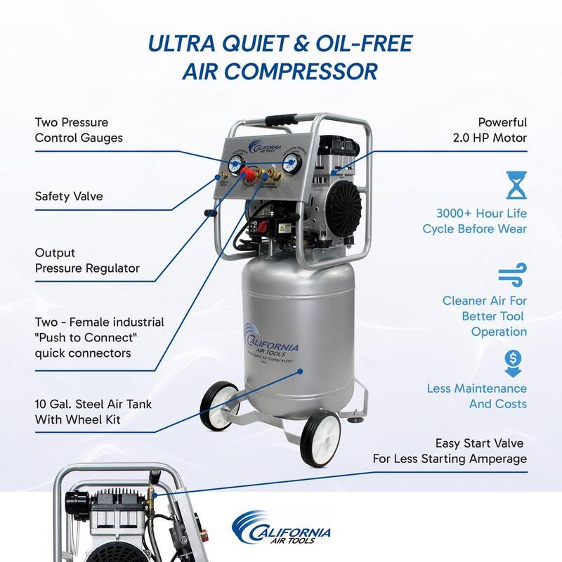 California Air Tools 10 Gal. 2.0 HP Ultra Quiet and Oil-Free Electric Air Compressor - 10020C