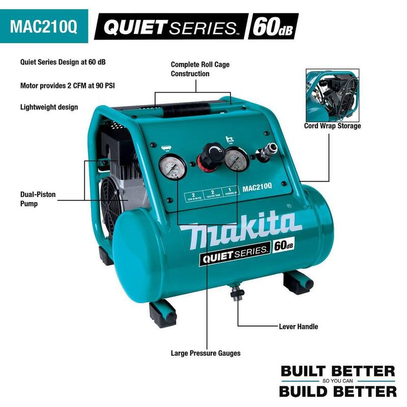 Makita Quiet Series 1 HP, 2 Gallon, Oil-Free, Electric Air Compressor - MAC210Q