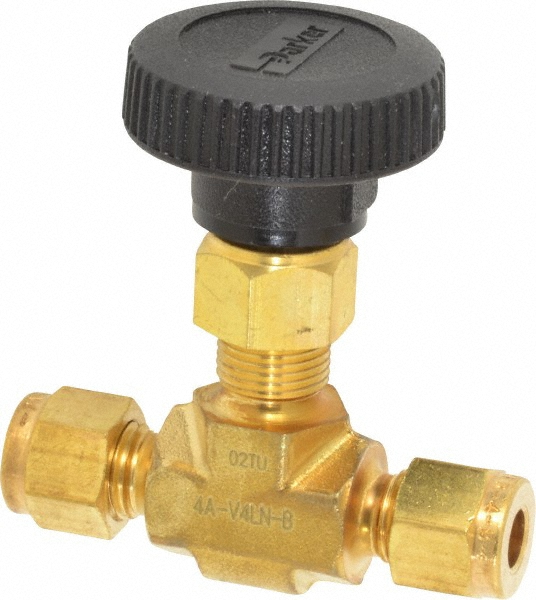 Parker Needle Valve: Round Handle, Straight, 1/4" Pipe, Compression End, Brass Body, Polytetrafluoroethylene Seal - 4A-V4LN-B