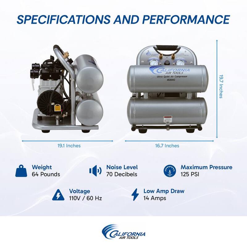 California Air Tools 4620AC Ultra Quiet and Oil-Free 2.0 Hp, 4.6 Gal. Aluminum Twin Tank Electric Portable Air Compress - 4620AC