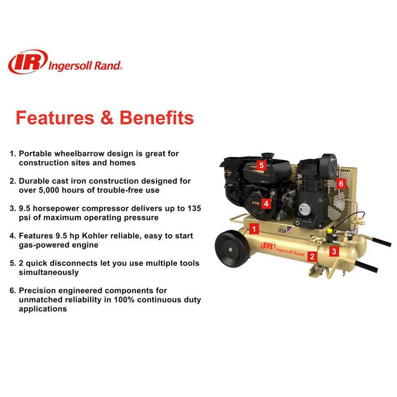 Ingersoll Rand 8 Gal. Gas Powered Portable Air Compressor 9.5 HP Kohler Engine, SS5J9.5GK-WB - 47671896001