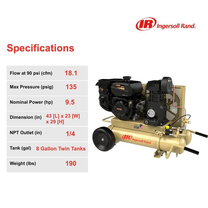Ingersoll Rand 8 Gal. Gas Powered Portable Air Compressor 9.5 HP Kohler Engine, SS5J9.5GK-WB - 47671896001