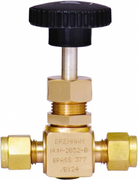 Brennan Needle Valve: Straight, 1/4" Pipe, Brass Body, Polytetrafluoroethylene Seal - NVN-2032-B