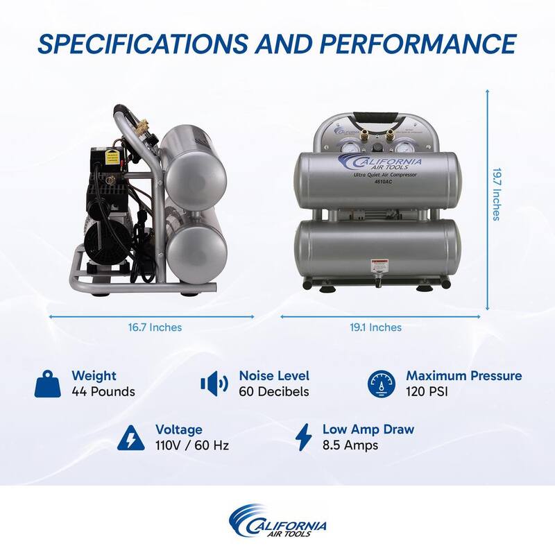 California Air Tools 4610AC Ultra Quiet and Oil-Free 1.0 Hp, 4.6 Gal. Aluminum Twin Tank Electric Portable Air Compressor - CAT-4610AC
