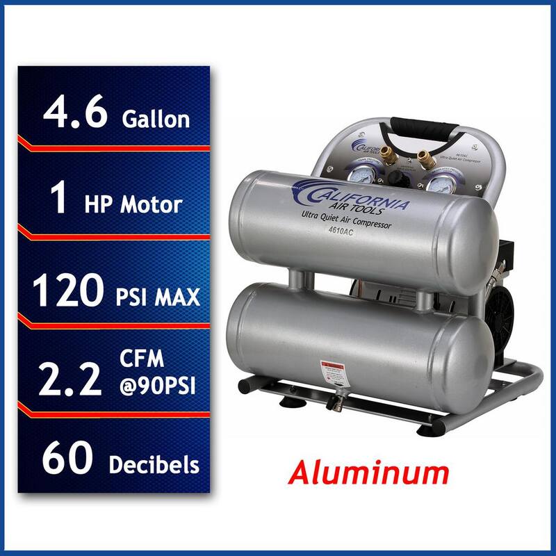 California Air Tools 4610AC Ultra Quiet and Oil-Free 1.0 Hp, 4.6 Gal. Aluminum Twin Tank Electric Portable Air Compressor - CAT-4610AC