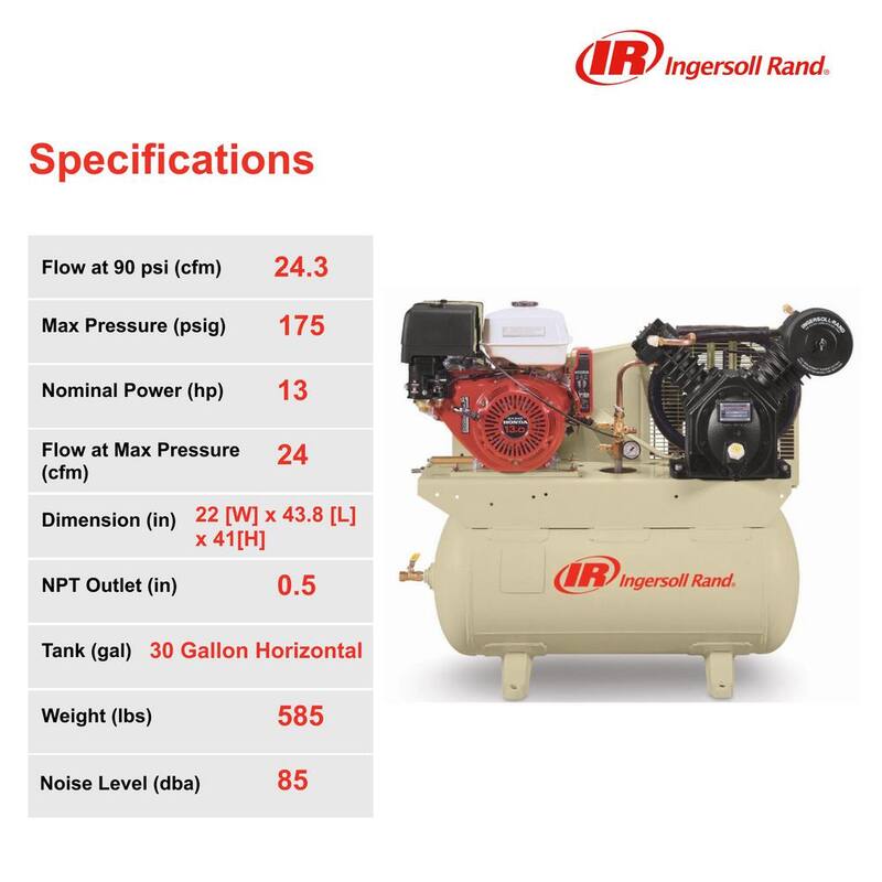 Ingersoll Rand Type 30 Reciprocating 30 Gal. 175 Max PSI, 13 HP Honda Gas Truck Mount Air Compressor 24.3 cfm @ 90 psi - 2475F13GH