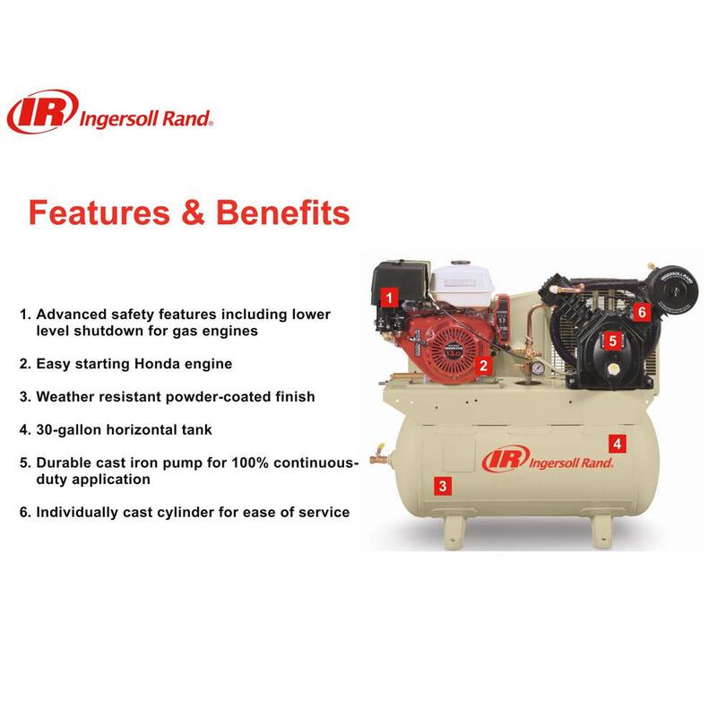 Ingersoll Rand Type 30 Reciprocating 30 Gal. 175 Max PSI, 13 HP Honda Gas Truck Mount Air Compressor 24.3 cfm @ 90 psi - 2475F13GH
