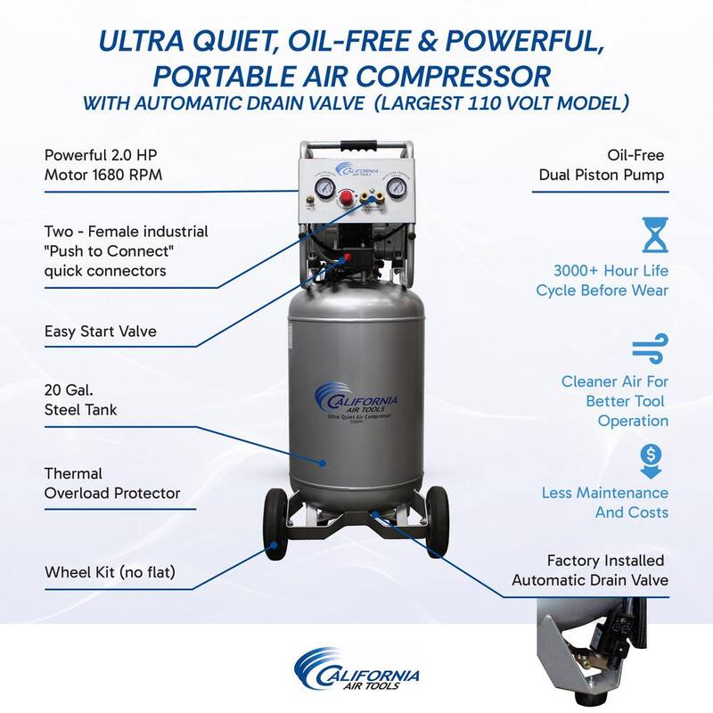 California Air Tools 20 Gal. 2.0 HP Ultra Quiet and Oil-Free Electric Air Compressor - 20020AD