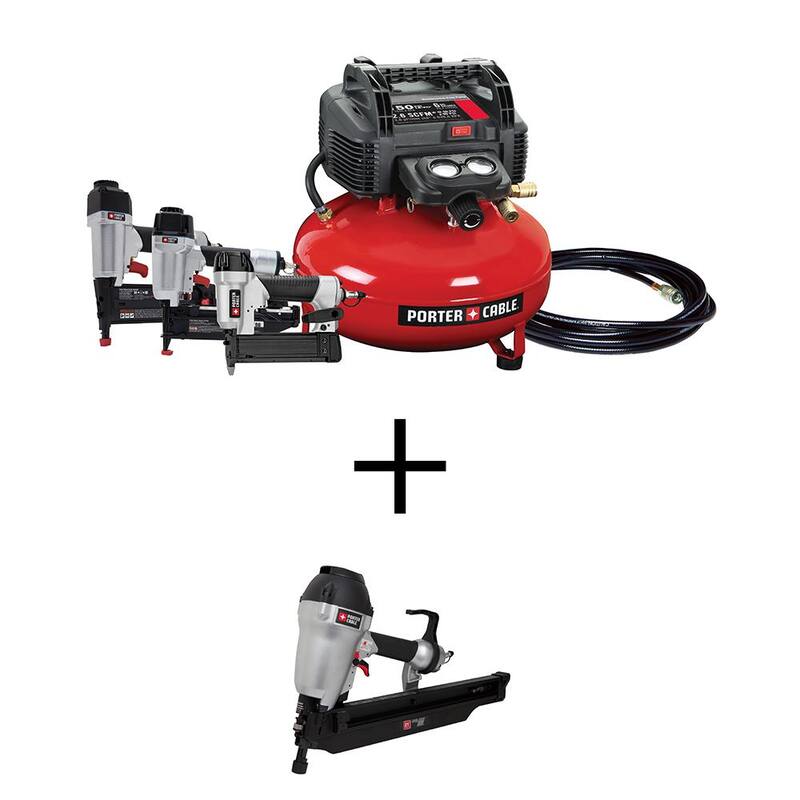 Porter-Cable 6 Gal. Portable Electric Air Compressor w/ 16-GA, 18-GA, 23-GA Nailers and 21-Degree 3-1/2 in. Full Round Framing Nailer - PCFP3KITWFR350B