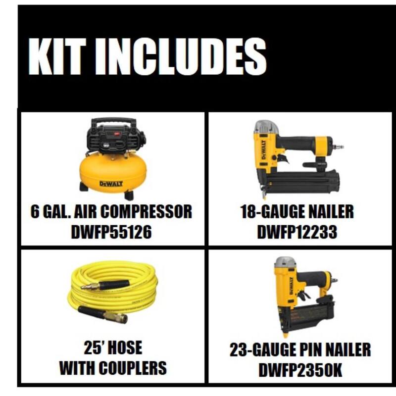 DEWALT 6 Gal. 165 PSI Heavy-Duty Electric Pancake Air Compressor, 18-Gauge Brad Nailer and 23-Gauge 2 in. Pin Nailer - DWFP1KITFP2350K