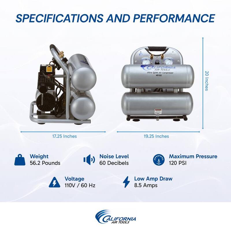 California Air Tools 4610S Ultra Quiet and Oil-Free 1.0 HP, 4.6 Gal. Steel Twin Tank Electric Portable Air Compressor - CAT-4610S