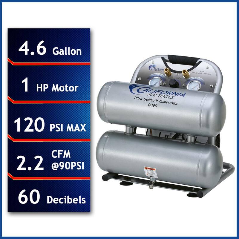 California Air Tools 4610S Ultra Quiet and Oil-Free 1.0 HP, 4.6 Gal. Steel Twin Tank Electric Portable Air Compressor - CAT-4610S