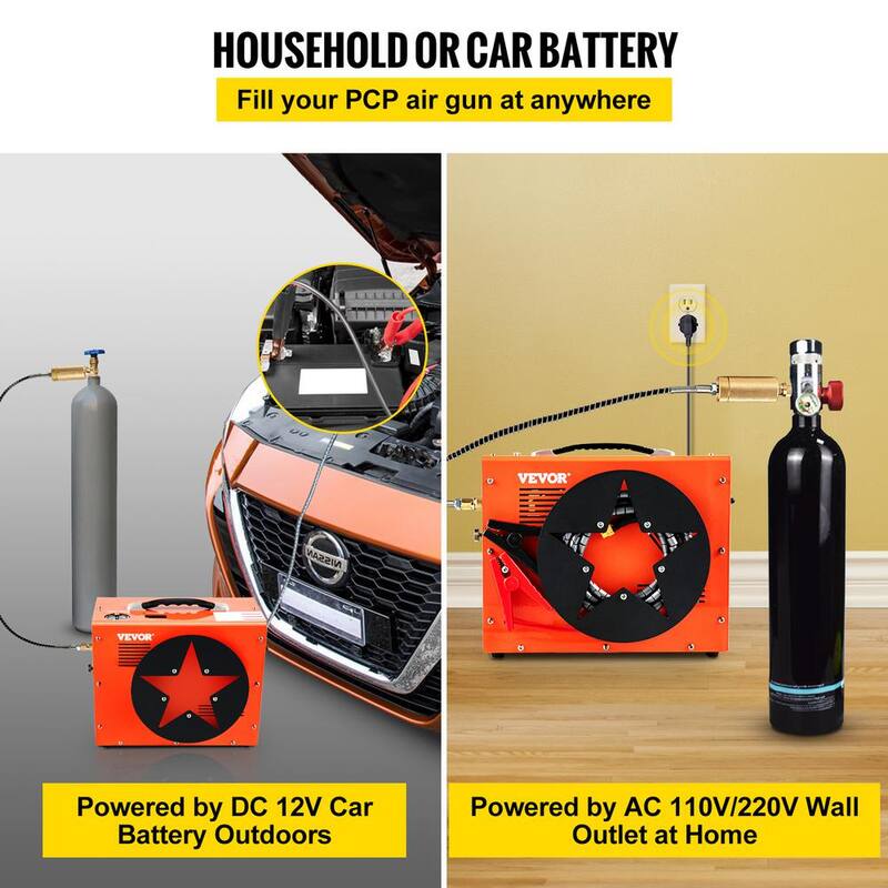 VEVOR PCP Air Rifle Pump 0.4 Gal. 4500Psi Portable Electric Air Compressor 30Mpa Auto-stop with Built-in Water/Oil Adapter Fan - G220V110V12V-VB18V5